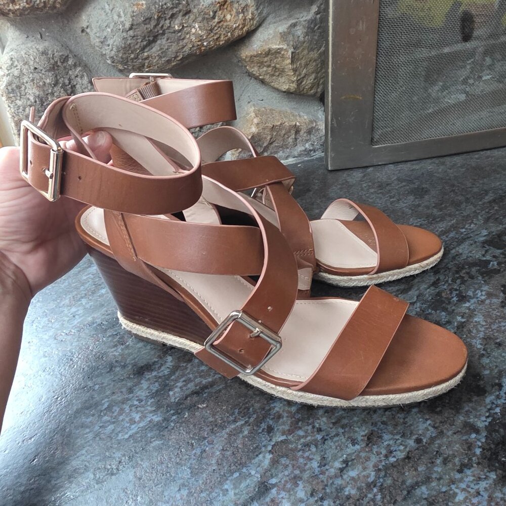 Essex Lane Brown Leather Strappy Wedge Sandals Size 9M